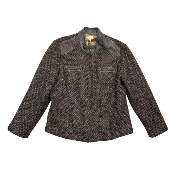 Chicos Jacket Blazer Womens Size 2 Brown Tweed Metallic Leather‎ Trim - Picture 1 of 7